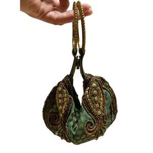 HANDMADE INDIAN ETHNIC CLUTCH SILK POTLI BATWA POUCH BAG WITH METAL BEADWORK